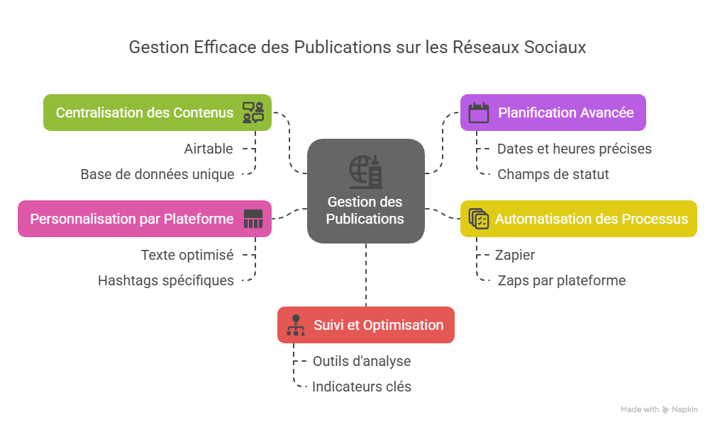Gestion efficace des publications Un graphique représentant la gestion en 5 étape qui est efficaces pour publier sur les réseaux sociaux