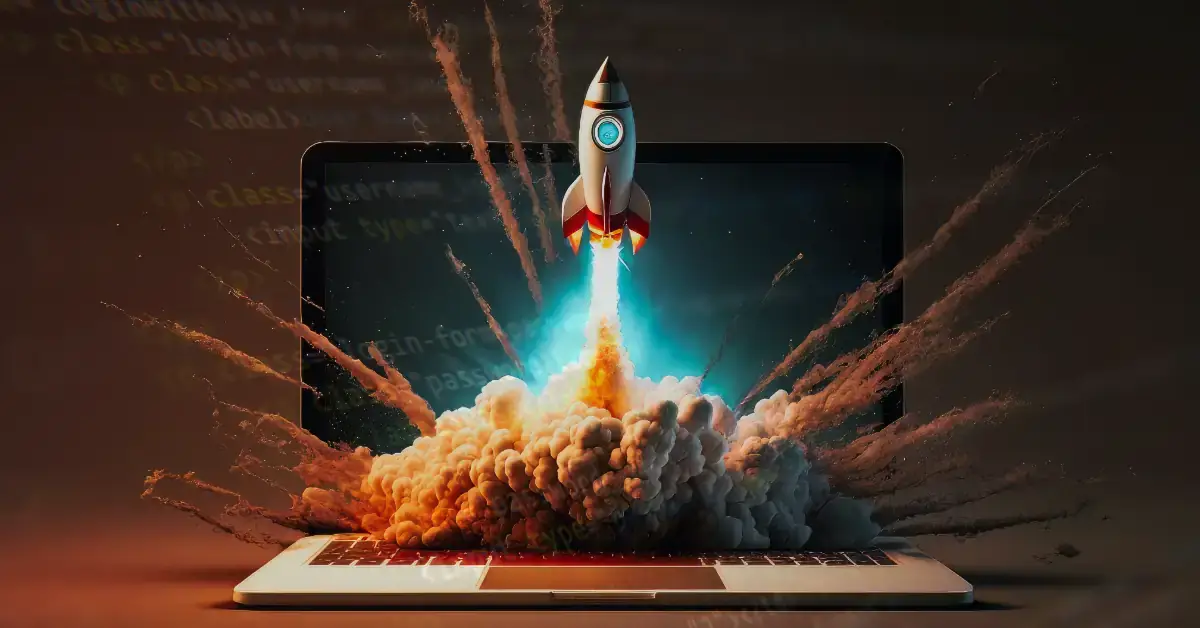 ide-demarrage-rapide Fusée décollant d'un ordinateur portable, symbolisant le démarrage rapide d'un IDE